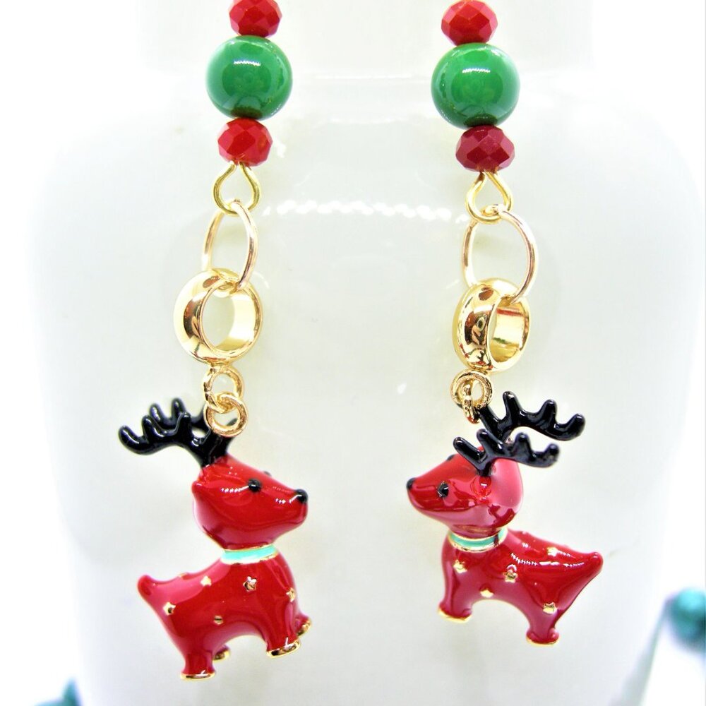 Handcrafted Glass Bead Christmas Necklace with Reindeer Earrings Set - Picture 9 of 12